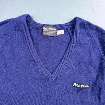 Vintage 70s Peter Storm Sweater Mens XL Navy Blue V Neck Pure Wool Knit