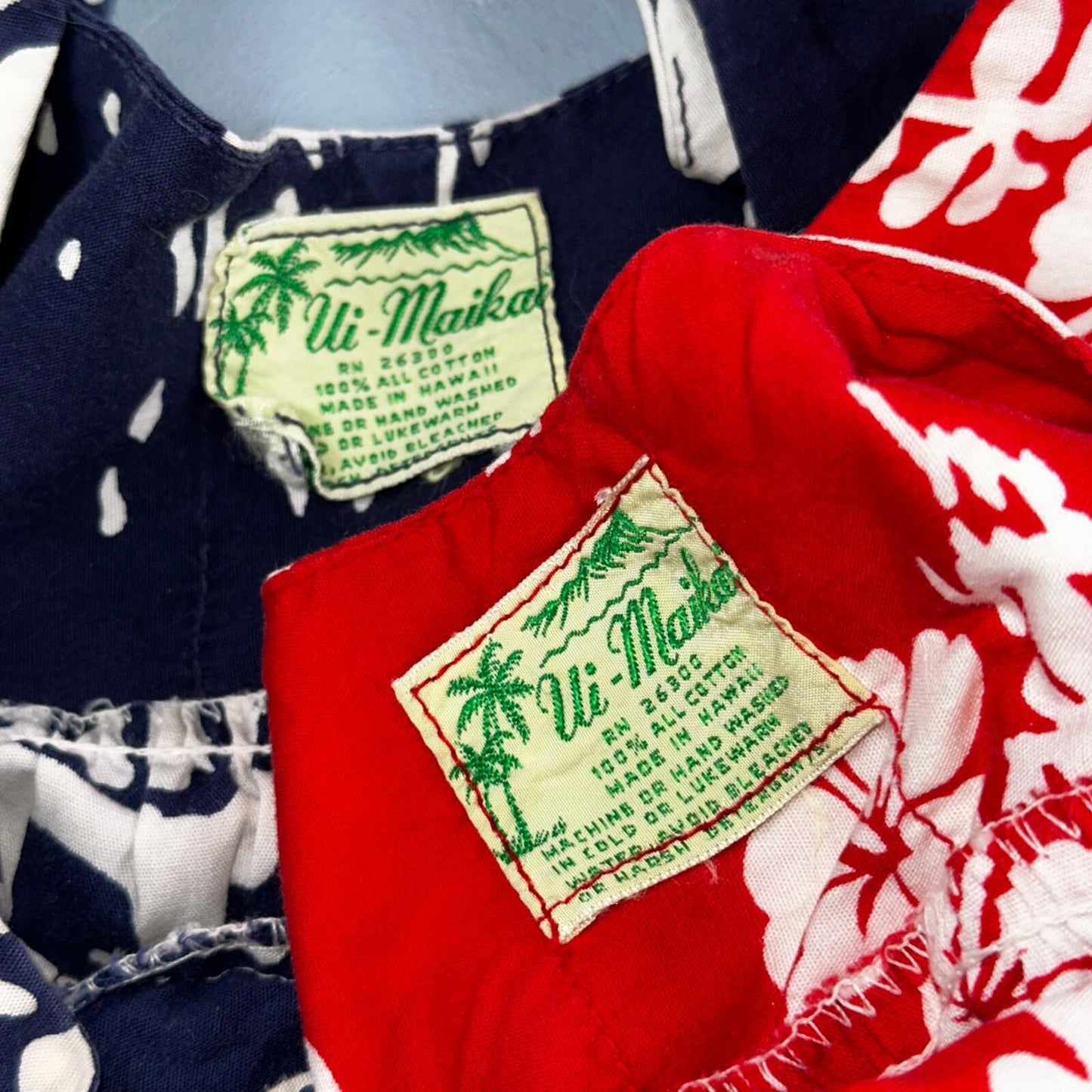 Vintage 60's Ui-Maikai Barkcloth Red and Blue Hawaiian Dress Lot Needs Repairs