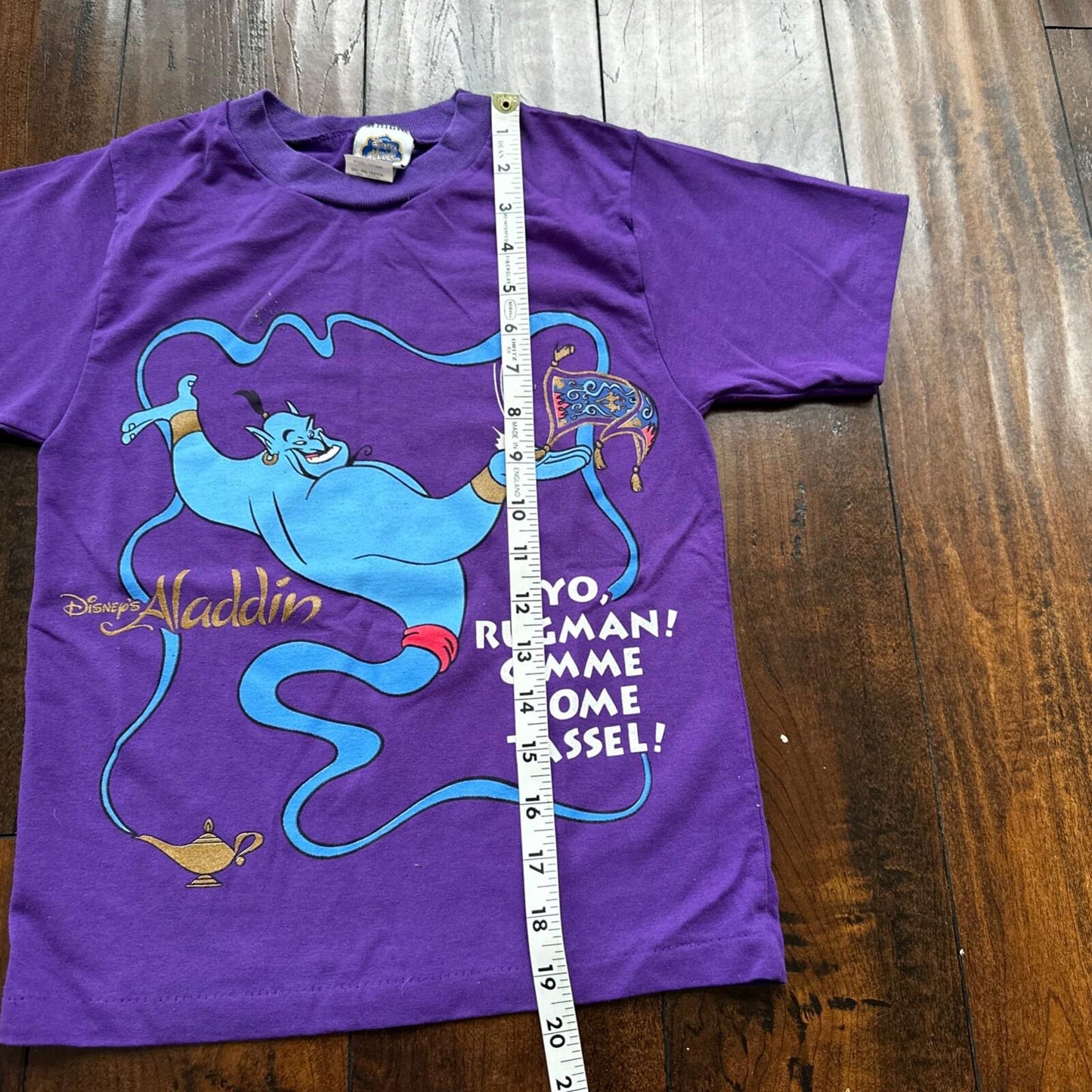 Aladdin Genie Purple AOP Vintage T Shirt 90s Single Stitch Kids Medium Disney