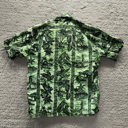 Vintage 50s Hawaiian Aloha Print Shirt Rockabilly Honolulu 60s Button USA Green