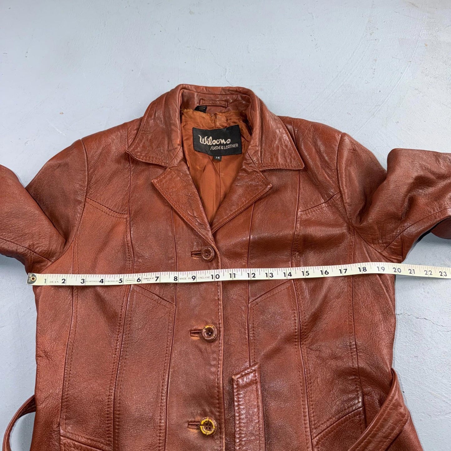 VTG Wilsons Women's Brown 100% Leather Jacket Trench Car Coat Belted 80s 90s