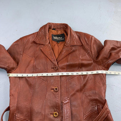 VTG Wilsons Women's Brown 100% Leather Jacket Trench Car Coat Belted 80s 90s