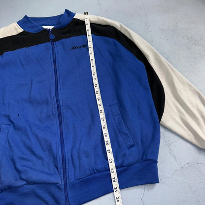 Adidas 80s 90s VTG Logo Sweater XL Blue Full Zip Sweatshirt Mens Burn Hole
