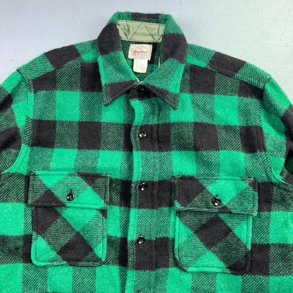 Vintage 1950s Five Brother Green Wool Buffalo Plaid Button Down Shirt Rockabilly