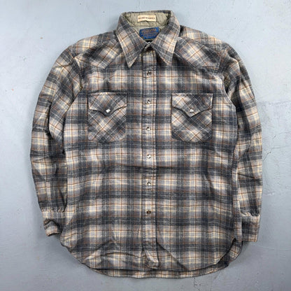 Pendleton VTG 100% Virgin Wool Western Plaid Shirt Pearl Snap Gray High Grade