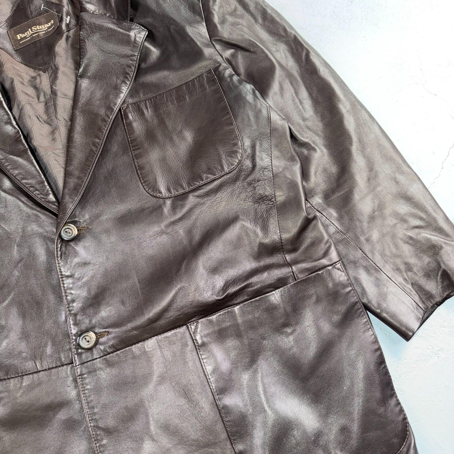 Paul Stuart Mens Vintage Brown Leather Jacket XL Chore Coat Pockets EUC Blazer