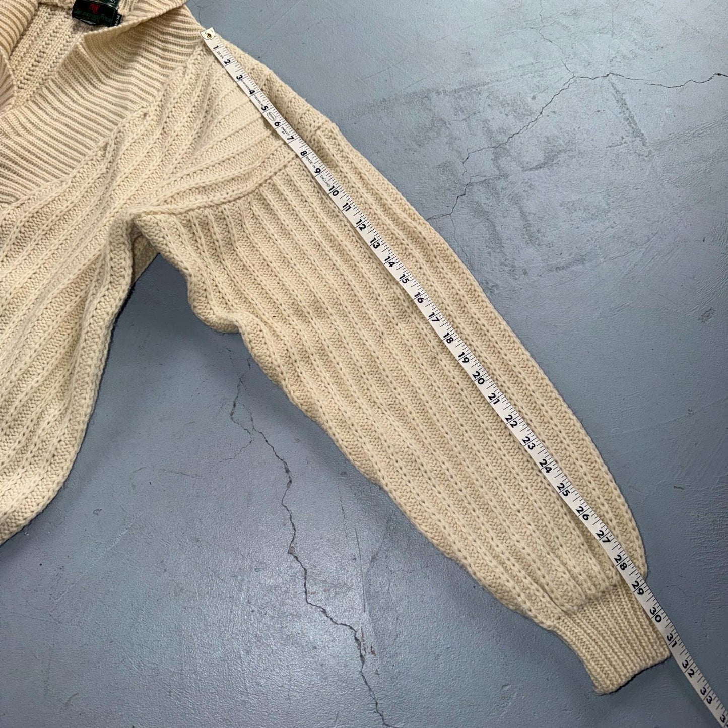 VTG Abercrombie & Fitch Heavy Wool Shawl Sweater Oatmeal Beige Fisherman 70s