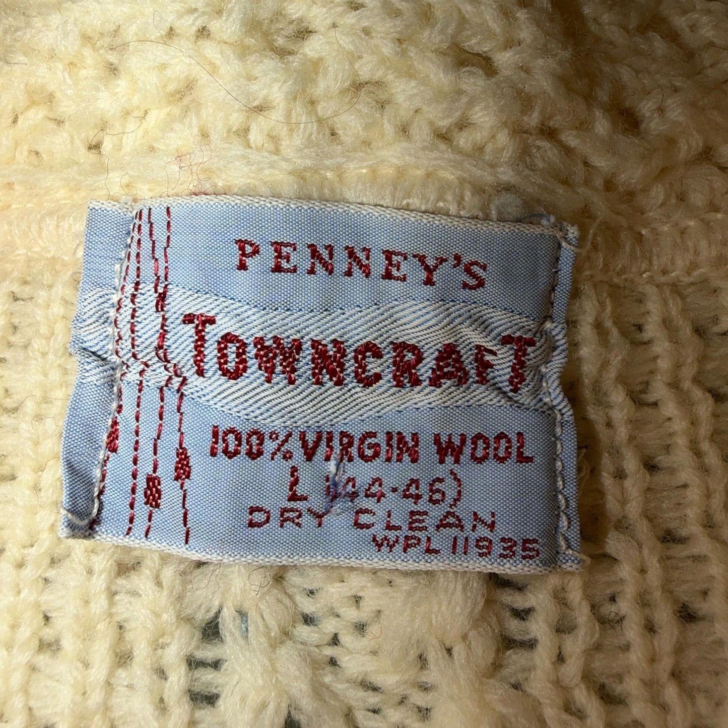 Penneys 1950s Wool Sweater Cream Shawl Collar Heritage Fisherman Knit Rockabilly