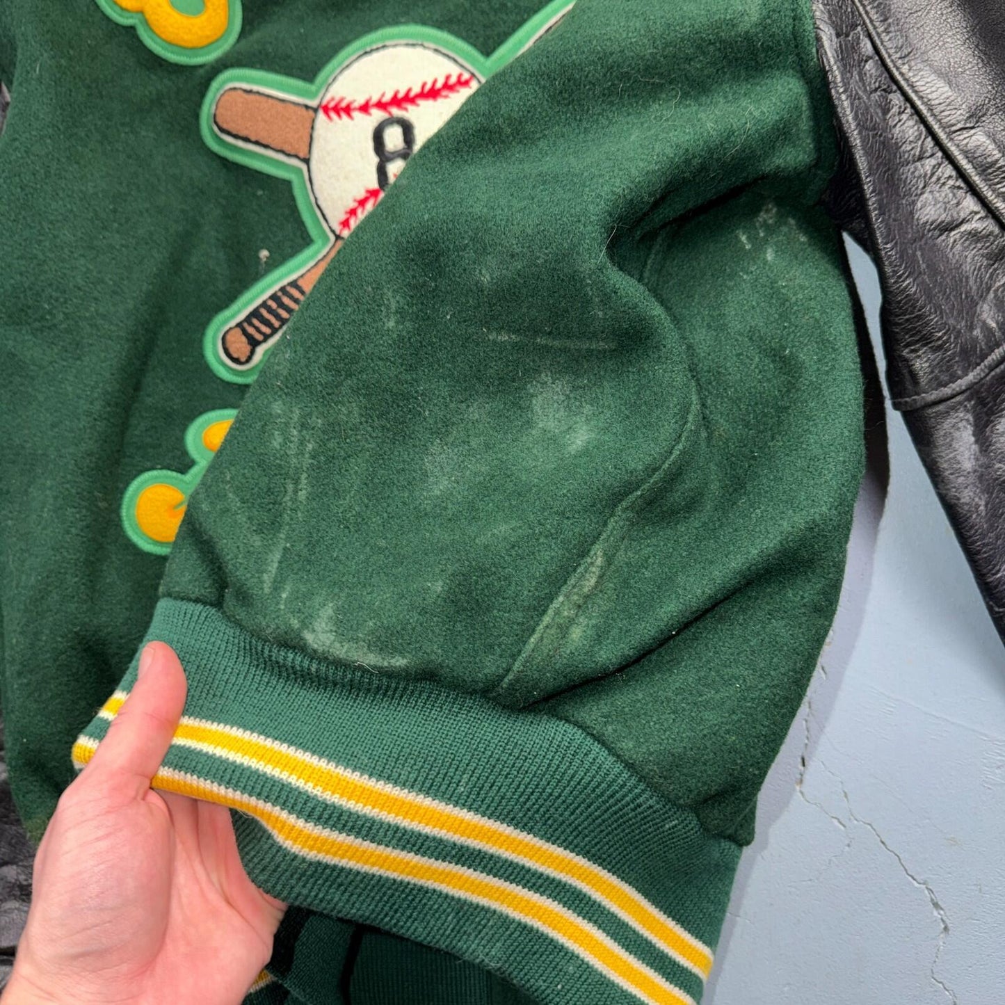 Varsity Jacket 44 VTG Green Bomber Wool Leather Evergreen Plainsmen Chainstitch
