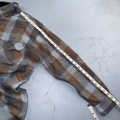VTG 60s Montclair Brown Gray Plaid Wool Shirt Loop Collar USA Rockabilly Board