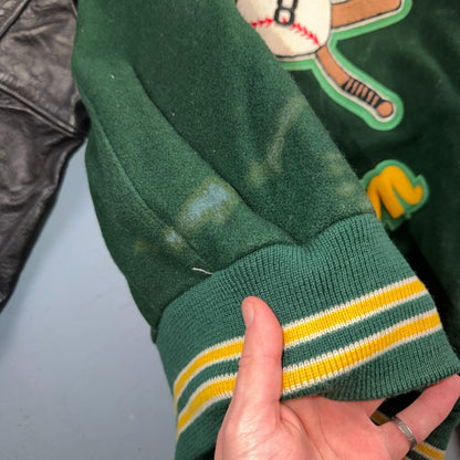 Varsity Jacket 44 VTG Green Bomber Wool Leather Evergreen Plainsmen Chainstitch