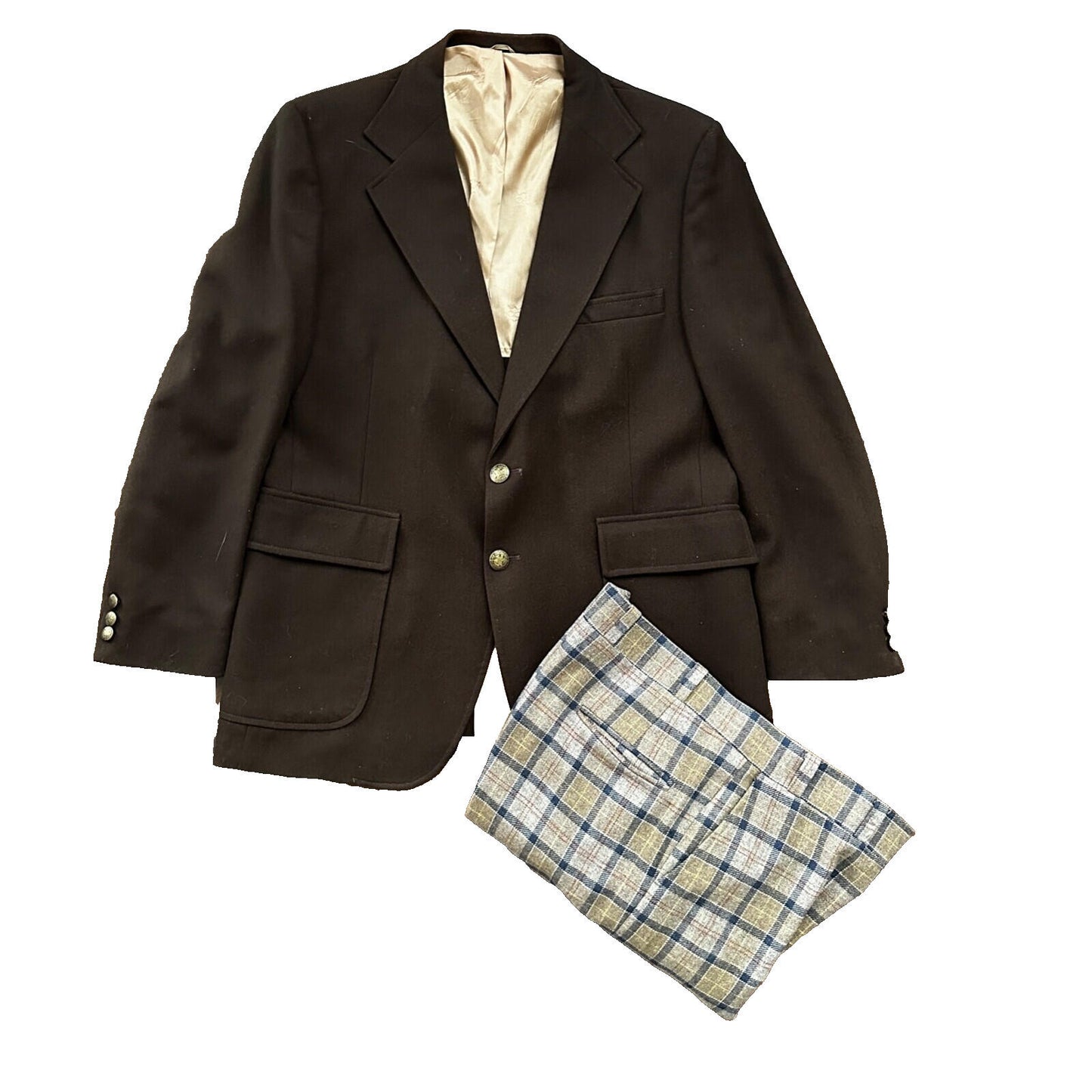 1960s 1970s Brown Sport Jacket VTG Mens Suit 44 36x28 Rockabilly Checkerboard