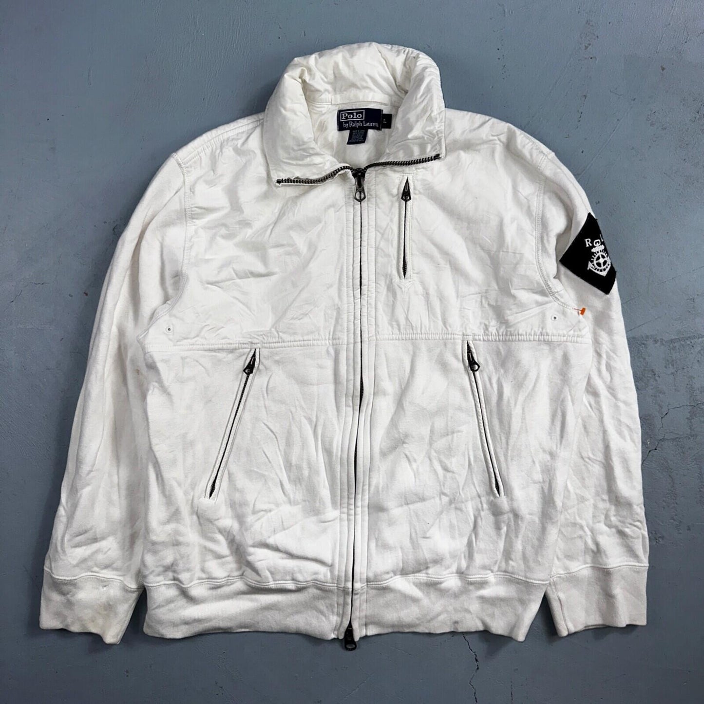 Polo Ralph Lauren VTG 90s Men's L White Blue RL Logo Jacket Coat Yacht Hooded