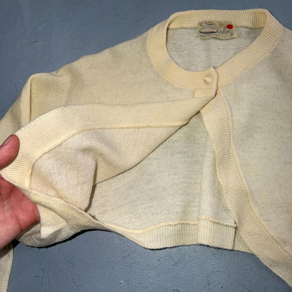 VTG 1940s 1950s Wool Caridgan Sweater Rockabilly Womens Mod Knit Ivory Shawl