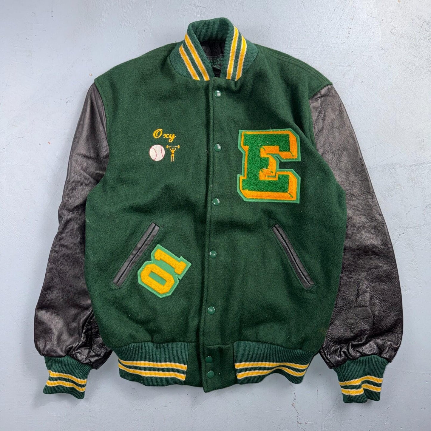 Varsity Jacket 44 VTG Green Bomber Wool Leather Evergreen Plainsmen Chainstitch