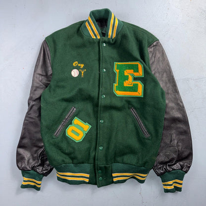Varsity Jacket 44 VTG Green Bomber Wool Leather Evergreen Plainsmen Chainstitch
