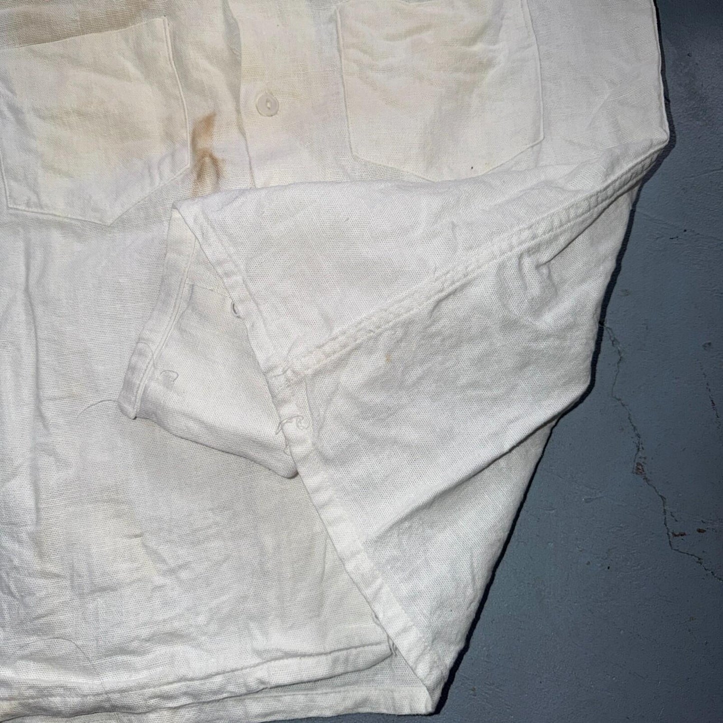 VTG 1940s Sportswear Button Shirt Rockabilly Stained White Linen? Cotton 40s