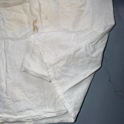 VTG 1940s Sportswear Button Shirt Rockabilly Stained White Linen? Cotton 40s