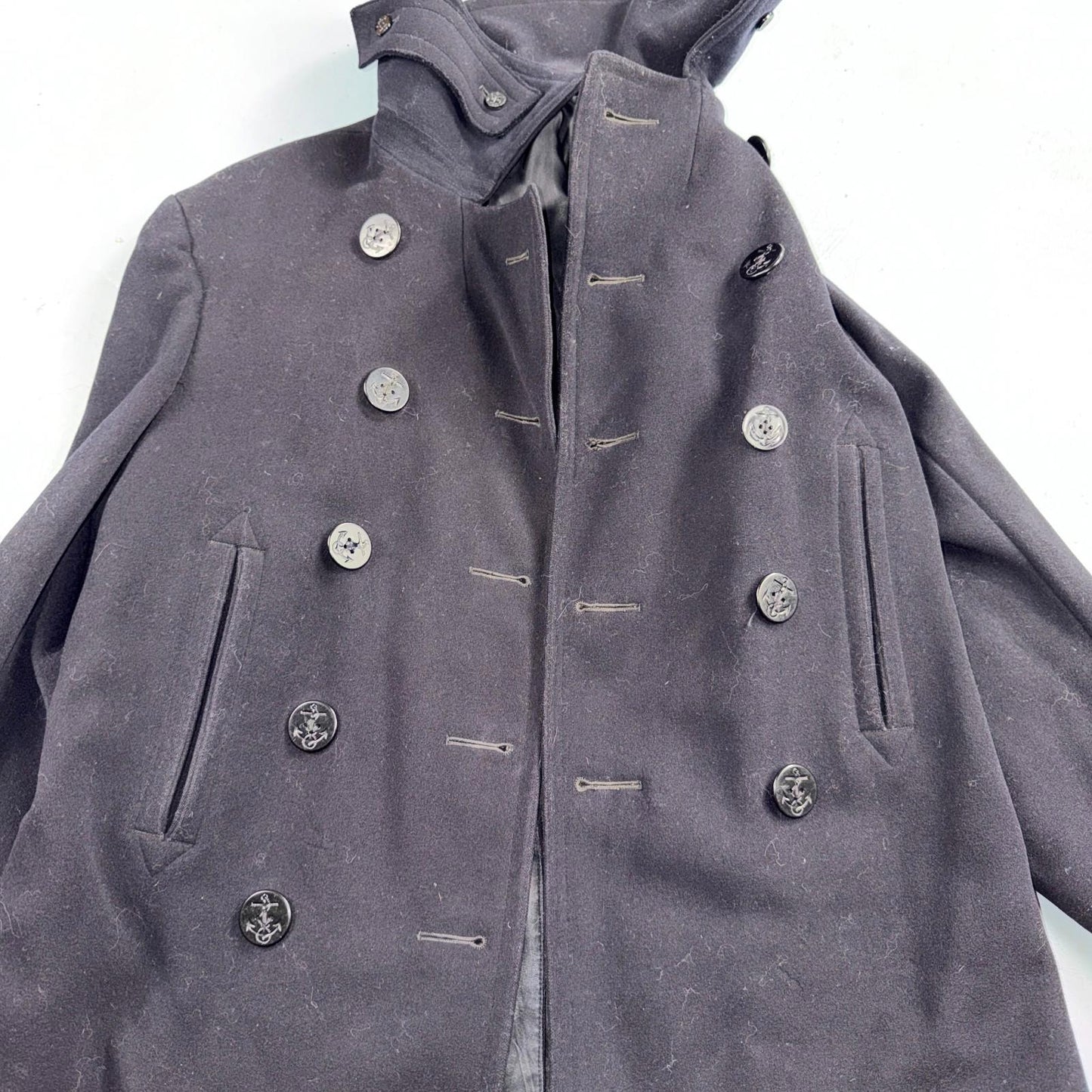 Vintage 40s WWII US Naval Clothing Factory 10 Button Navy Wool PeaCoat Military