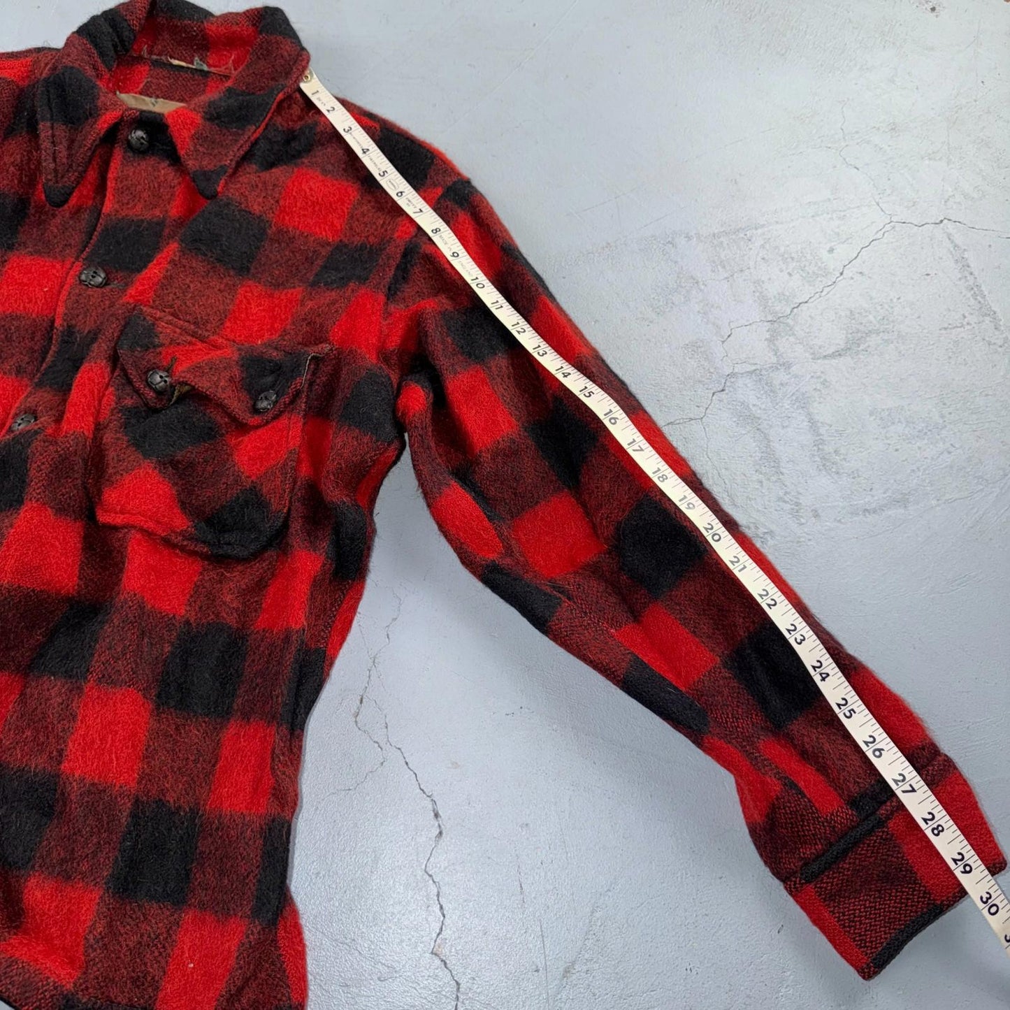 VTG 1950s Wool Buffalo Plaid Mackinaw Heavy Jacket Button Up Mohair Rockabilly
