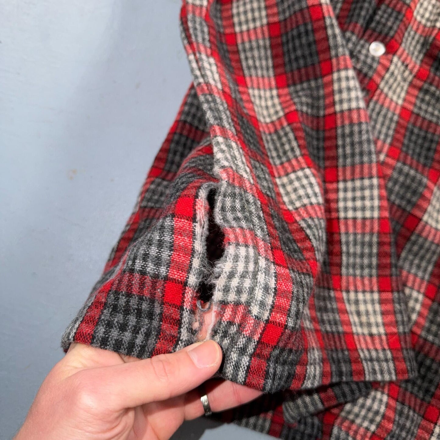 VTG XL 50s Penneys Shirt Red Plaid Wool Button Loop Collar Rockabilly 1950s Gray