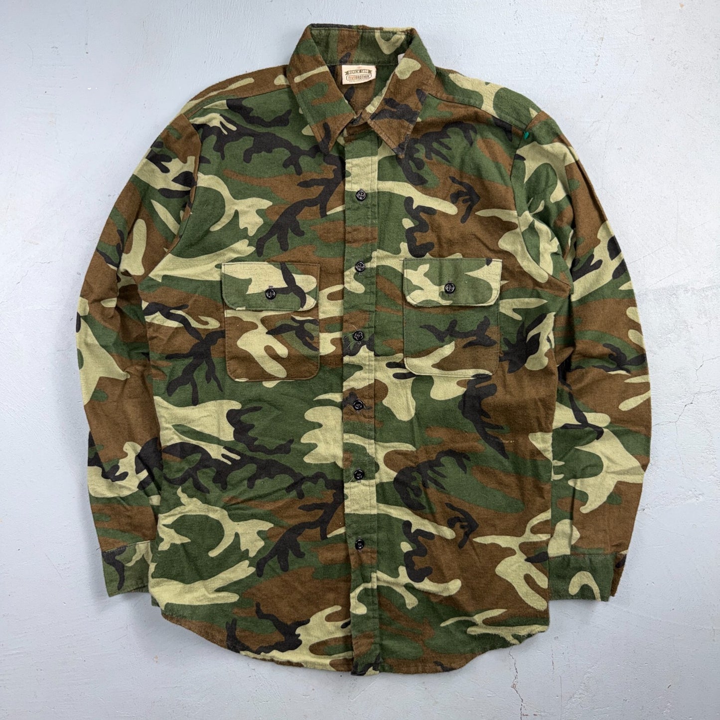 VTG 90s Five Brother Camo Flannel Shirt Cotton Poly Made USA Men's Medium