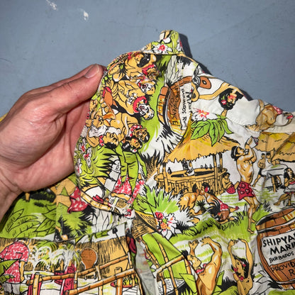 VTG 50s Hawaiian Aloha Shirt Dance Rockabilly Novelty Print Pinup Pin Up Girls