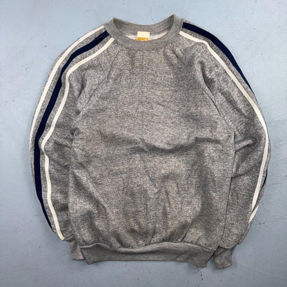 1980s Gray Sweatshirt 80s VTG Crewneck Gym Raglan Jumper Striped Rayon Medium