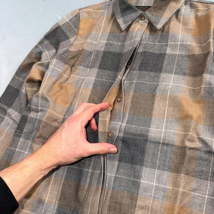 Pendleton Brown Gray Beige Plaid 100% Wool Hidden Button Shirt Women's XS USA
