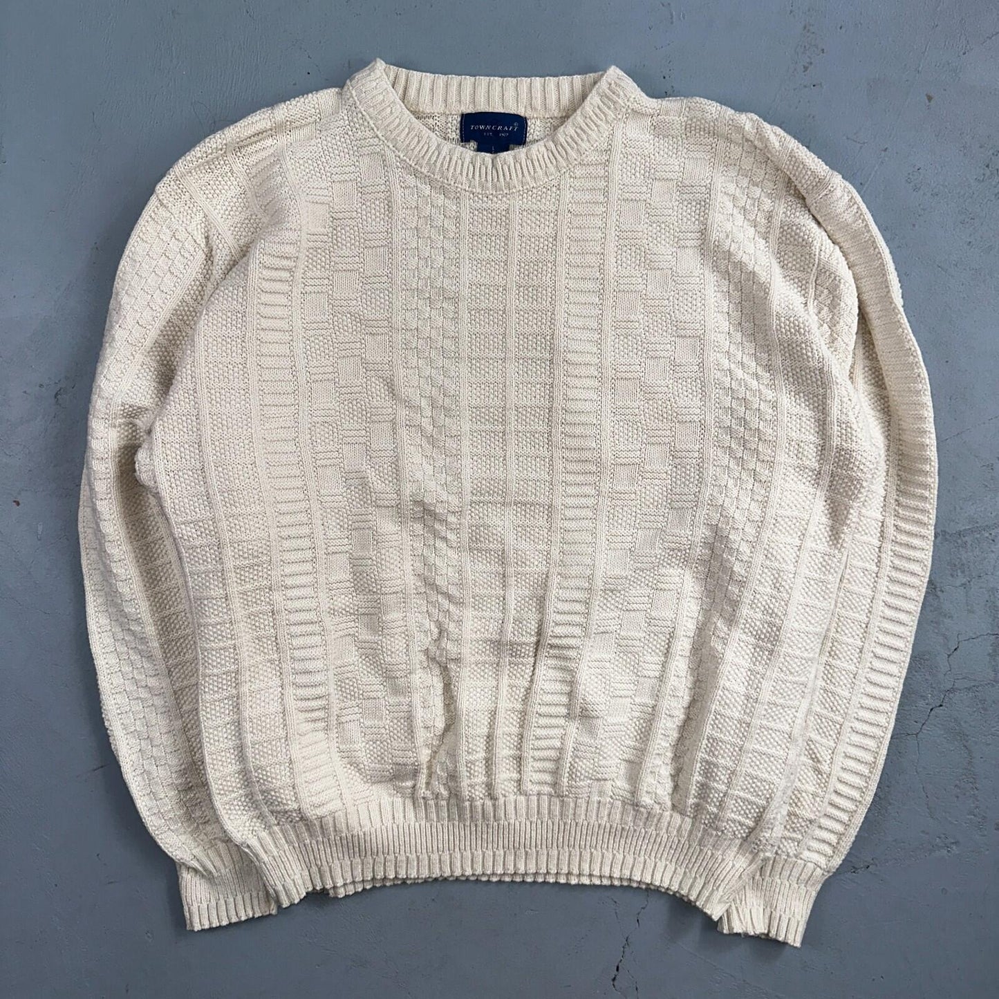 Towncraft VTG 80s 100% Cotton Made In USA Ivory Square Knit Sweater Sz L