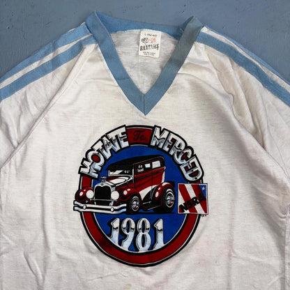 Hot Rods 1981 Motate Merced VTG T Shirt NSRA 80s V Neck Cut Cars Crazy Graphic