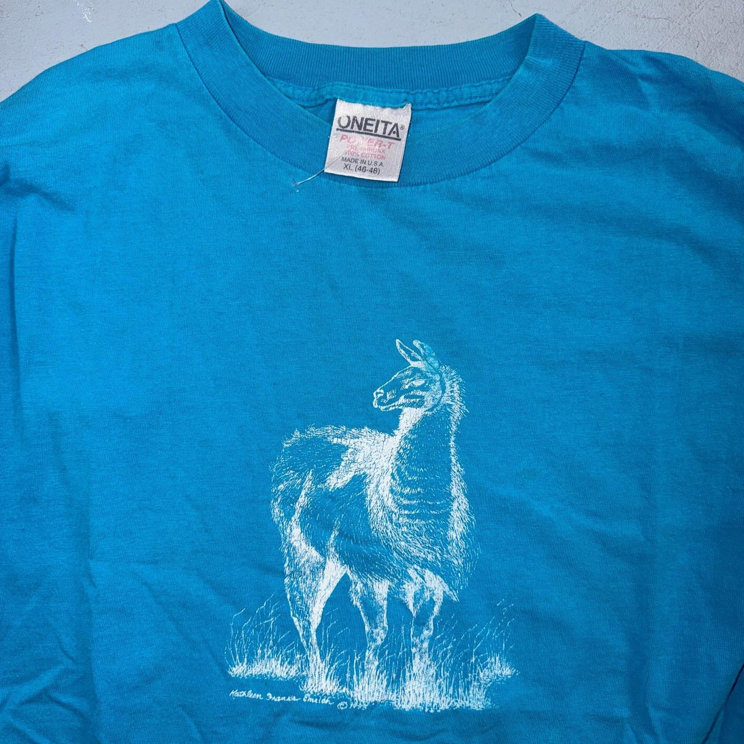 Oneita XL Blue VTG T Shirt Alpaca Llama Blue Long Sleeve Art Graphic Animals
