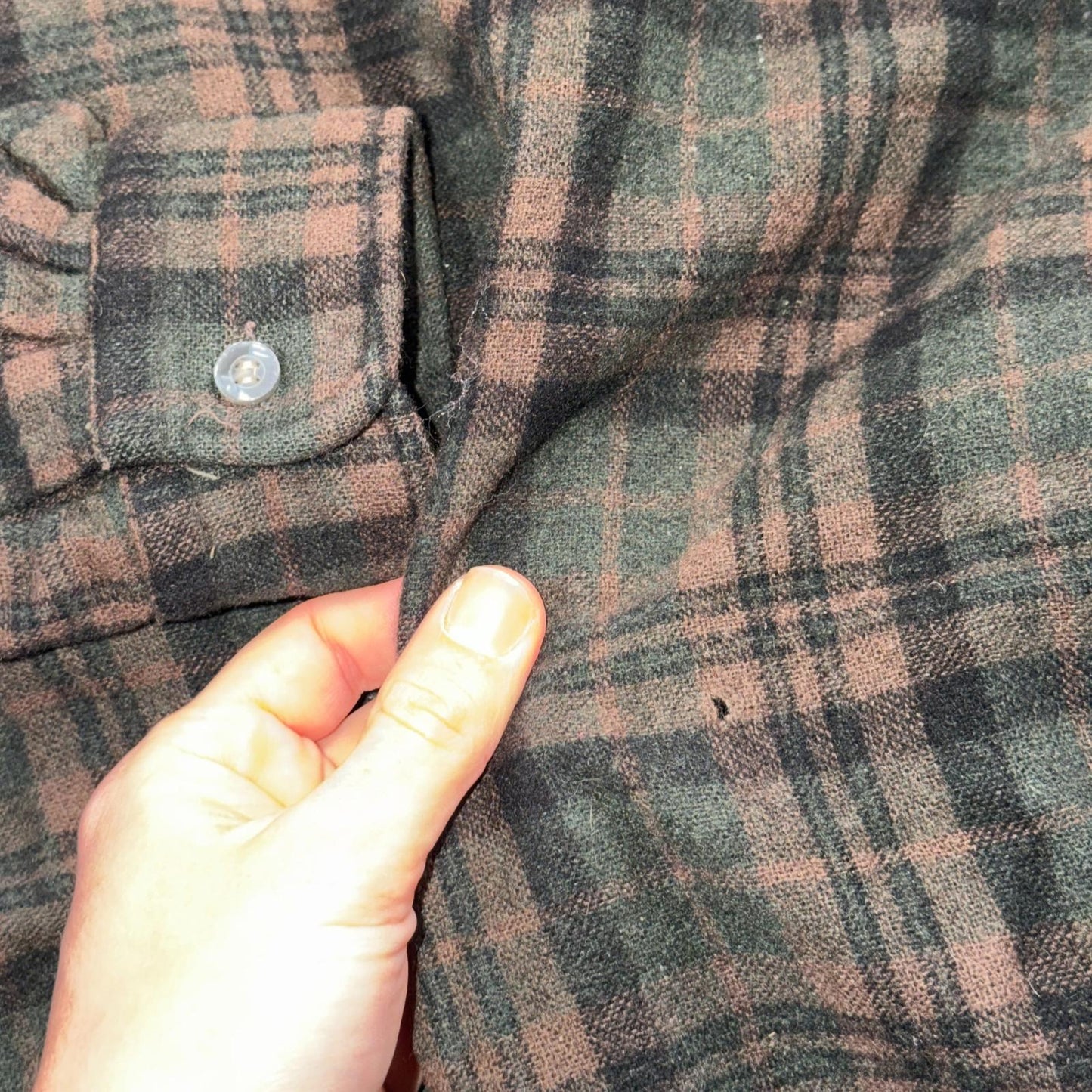 VTG 60s Penneys Shirt Brown Plaid Wool Button Loop Collar Rockabilly 1960s