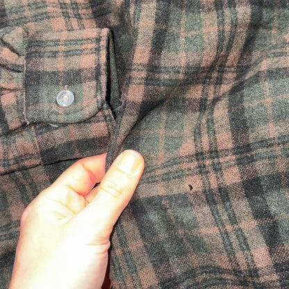 VTG 60s Penneys Shirt Brown Plaid Wool Button Loop Collar Rockabilly 1960s