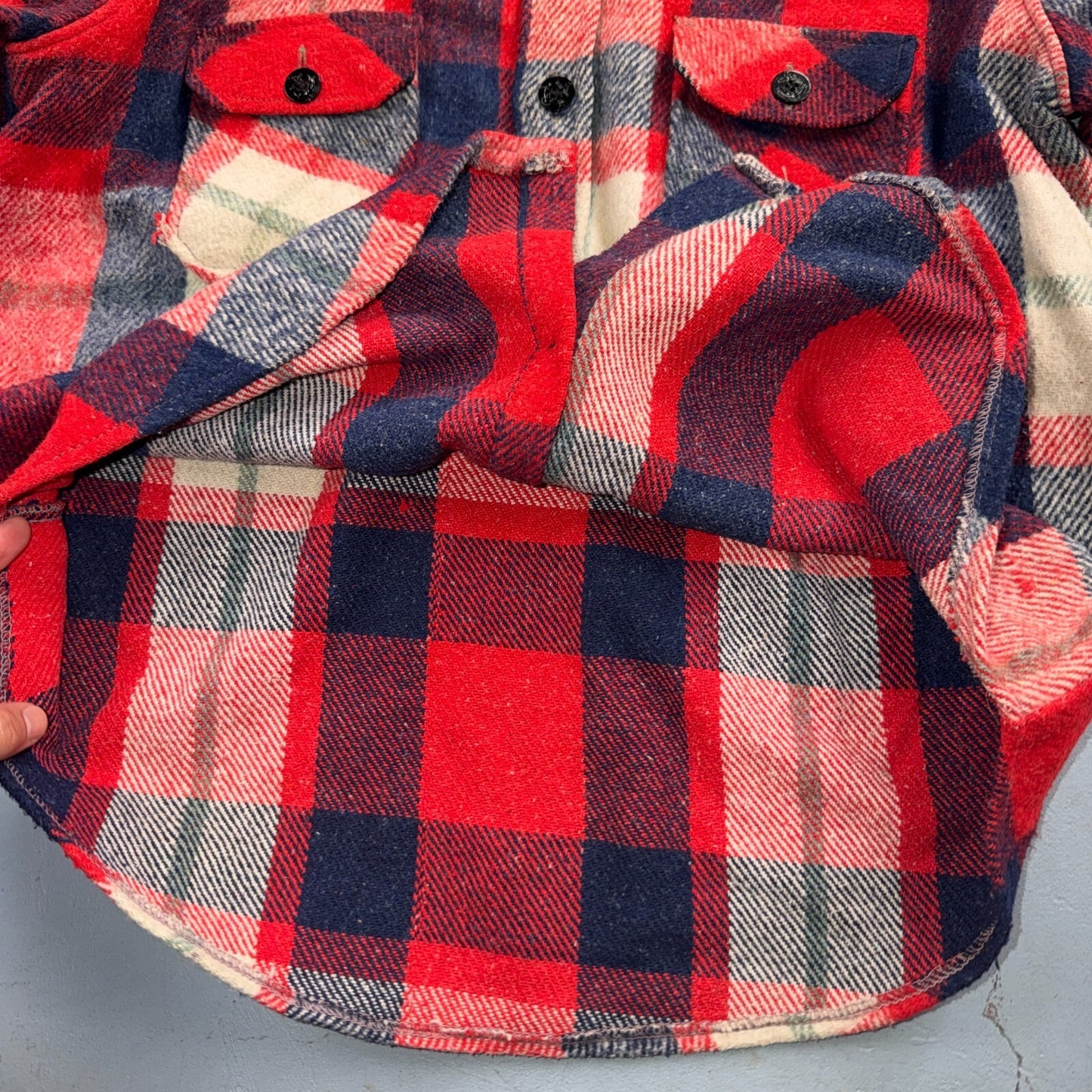 Vintage 70s Sport King CPO Shirt Jacket Mens Large Red Blue Wool Plaid Navy USN