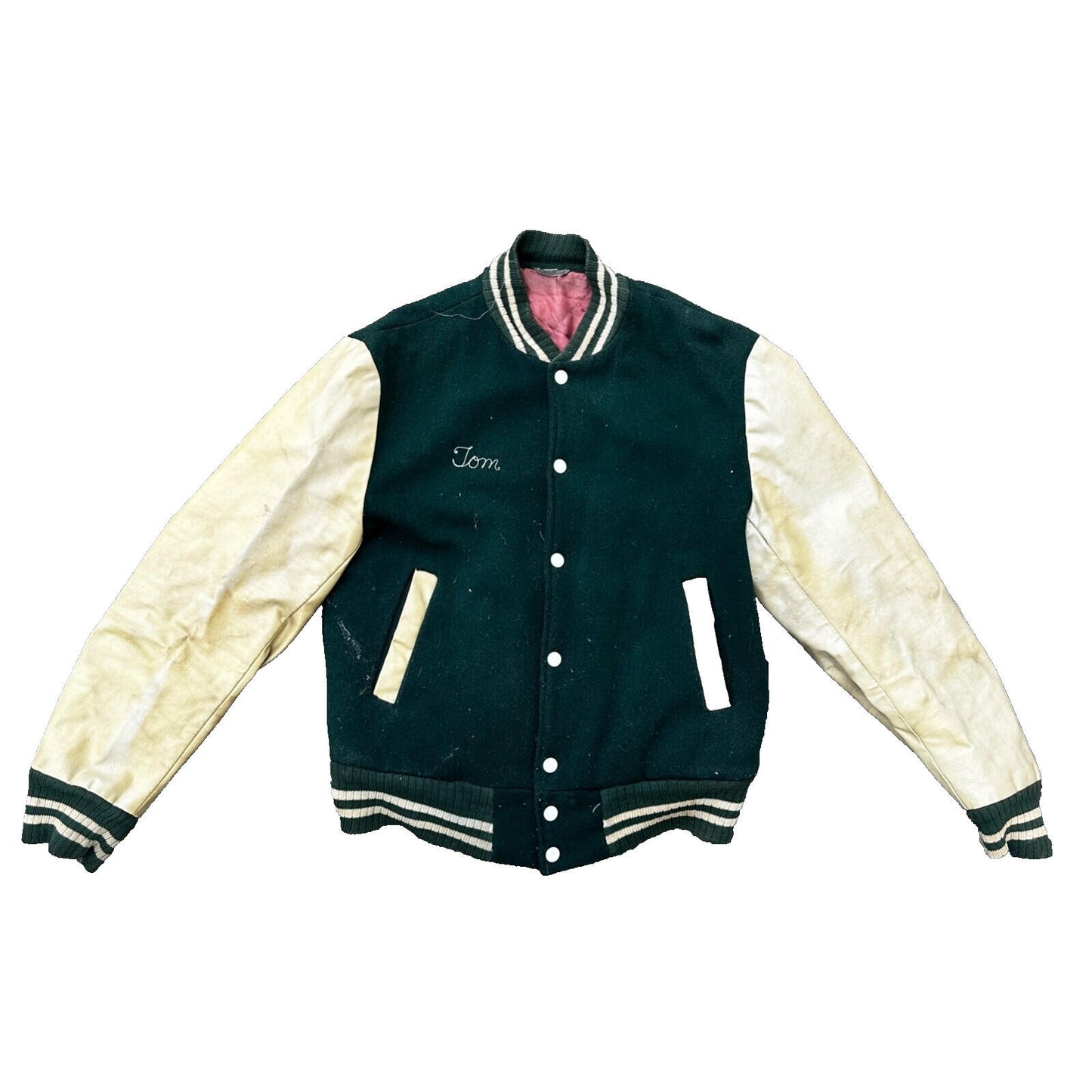 Vintage Letterman Jacket Green White Leather Wool TOM Named Simple Basic 1960s