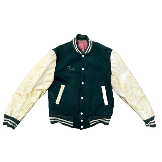 Vintage Letterman Jacket Green White Leather Wool TOM Named Simple Basic 1960s