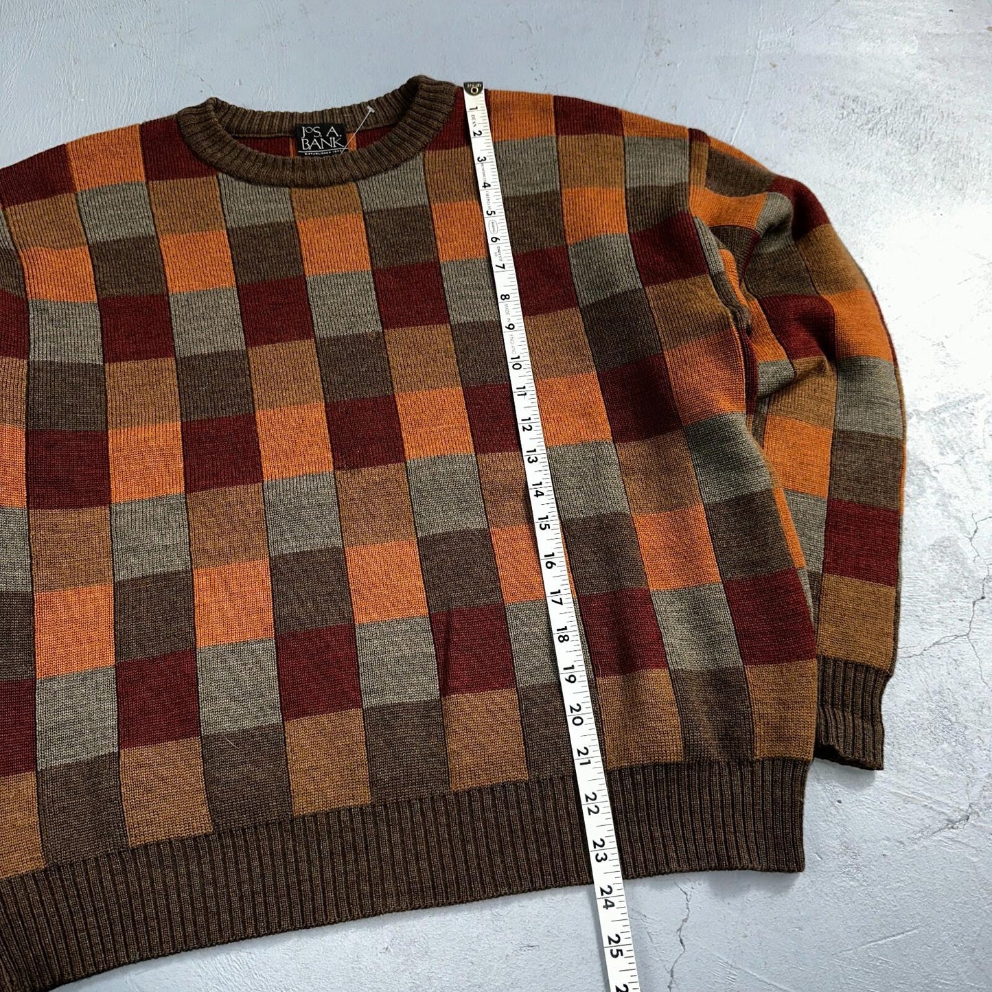 Jos A Bank VTG Mens L Pure Merino Wool Sweater Italy Checkboard 80s Patchwork