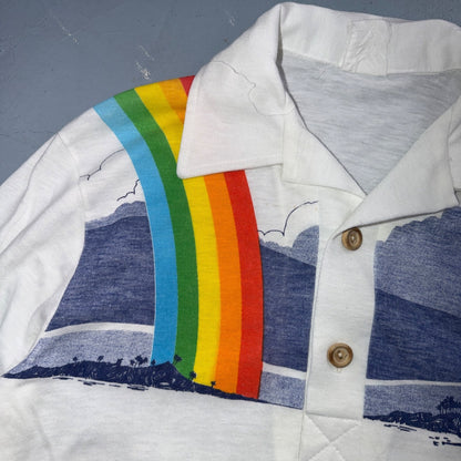 VTG 70s Wave Rainbow Landscape Long Sleeve Collared Polo Shirt Hawaii Aloha 80s