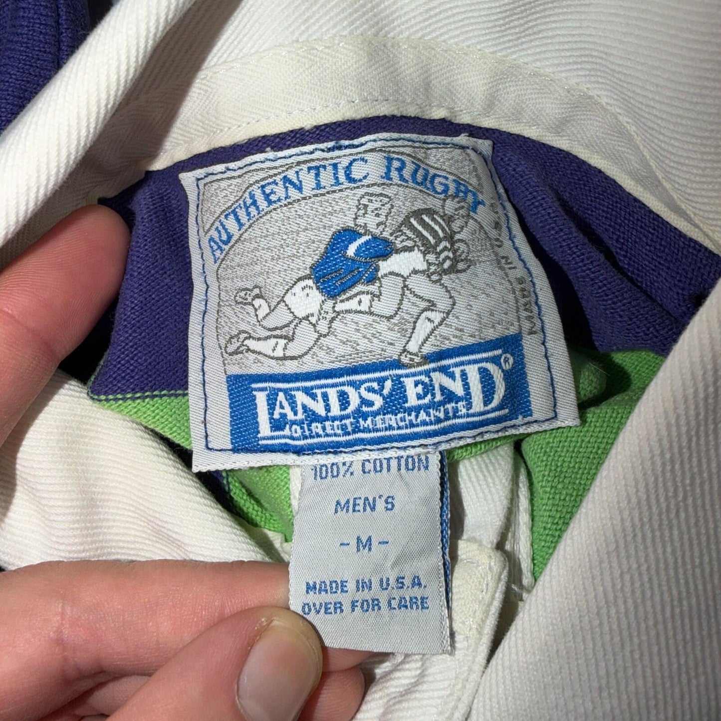 VTG Lands End Rugby Shirt Mens M Heavy Cotton Polo 80s 90s USA Stripe Blue Green