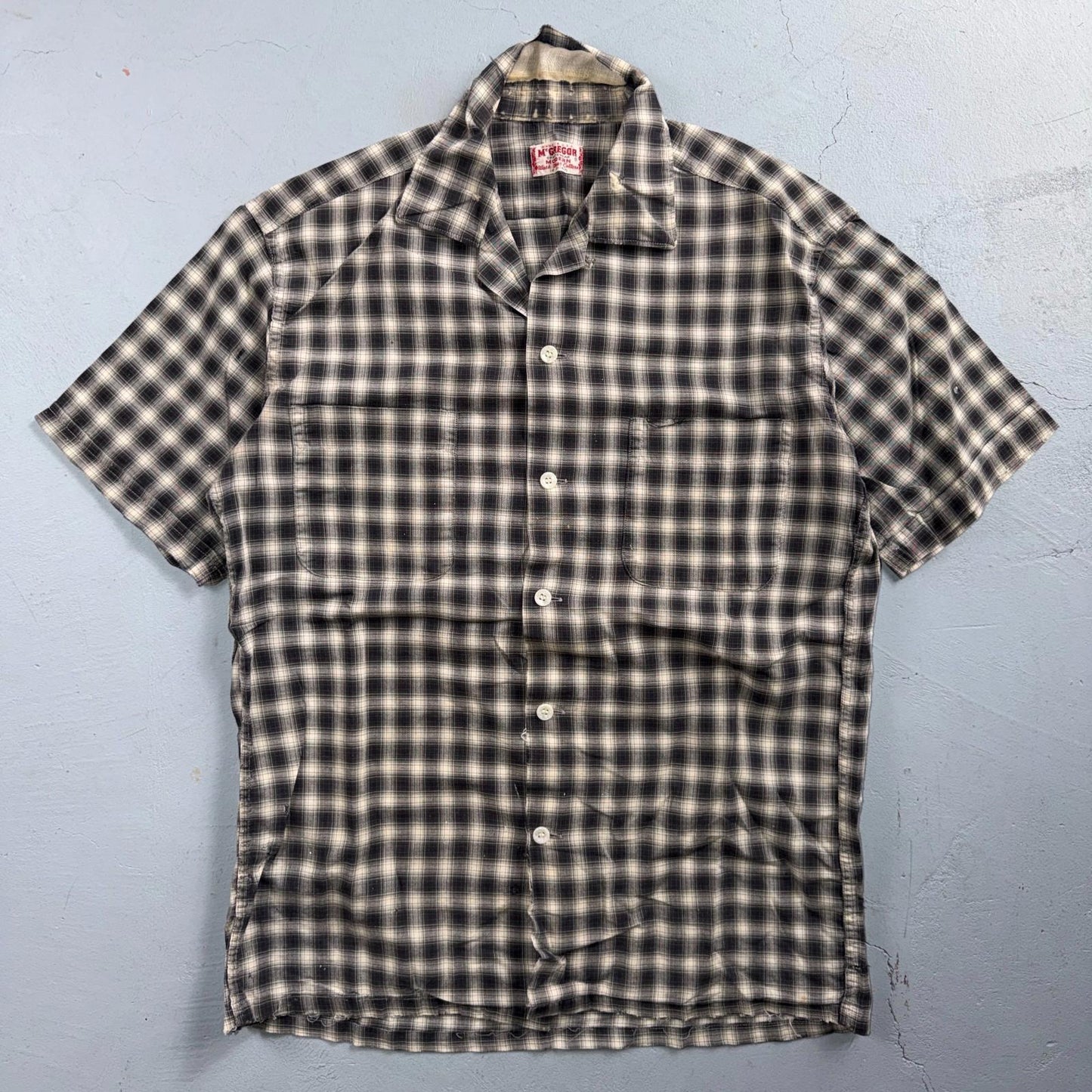 Vintage 60s McGregor Checker Loop Collar Button Up Shirt Made In USA Rockabilly