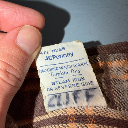 VTG 70s Big Mac Penneys Plaid Flannel Shirt Brown Tan Cotton Tall M USA Made