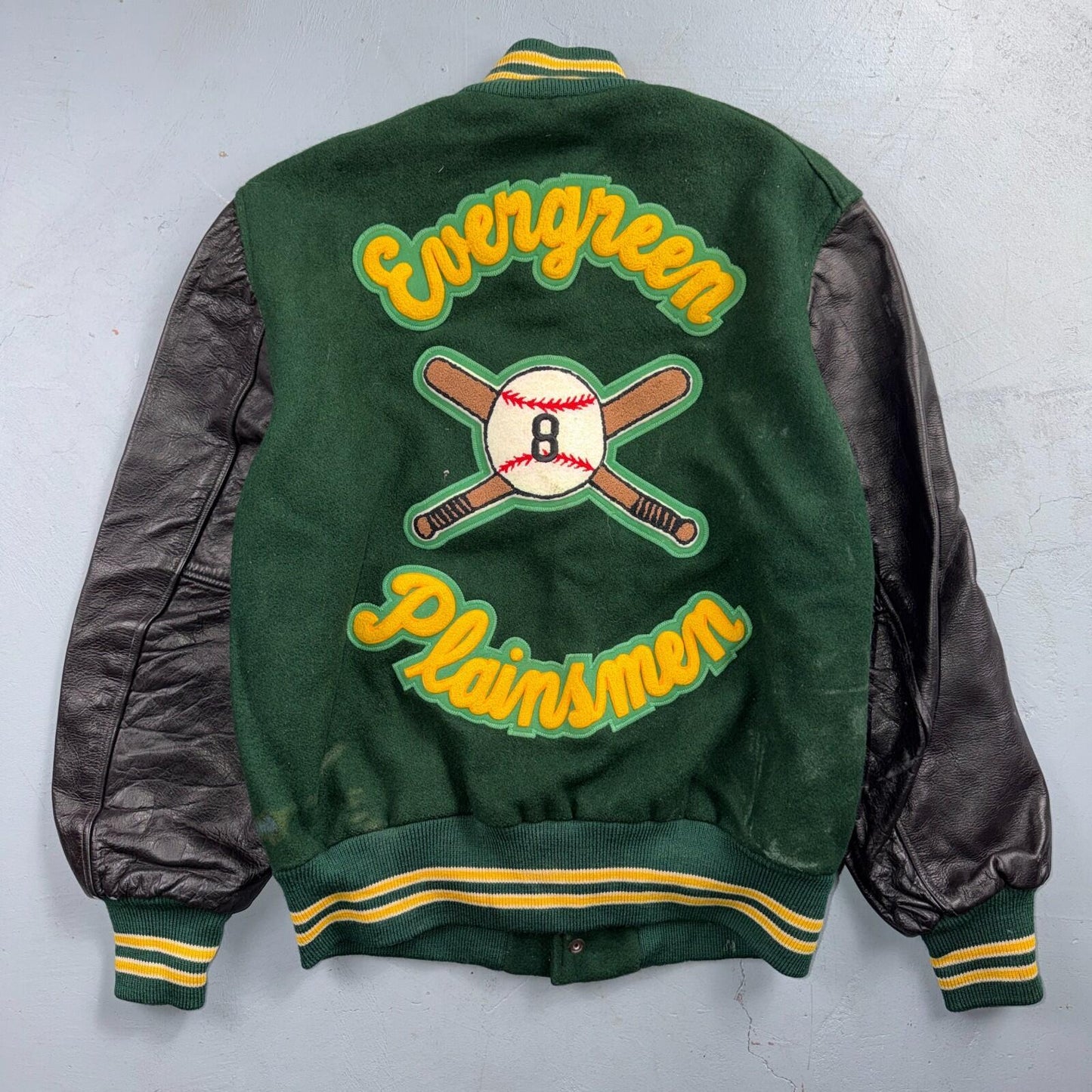 Varsity Jacket 44 VTG Green Bomber Wool Leather Evergreen Plainsmen Chainstitch