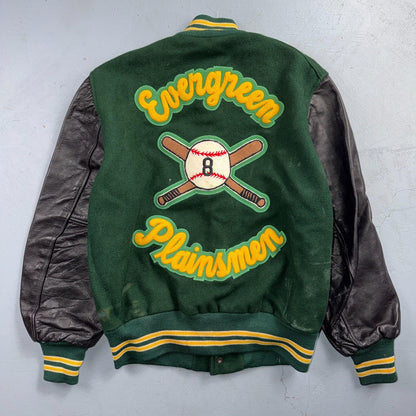 Varsity Jacket 44 VTG Green Bomber Wool Leather Evergreen Plainsmen Chainstitch