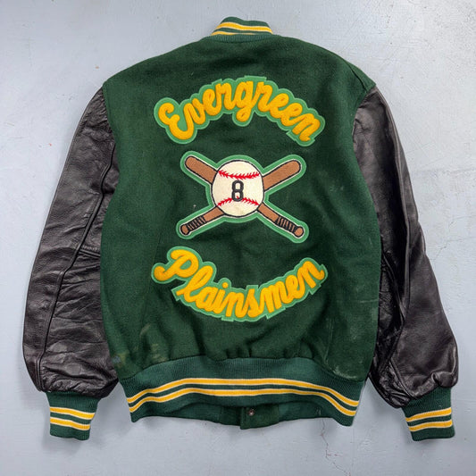 Varsity Jacket 44 VTG Green Bomber Wool Leather Evergreen Plainsmen Chainstitch