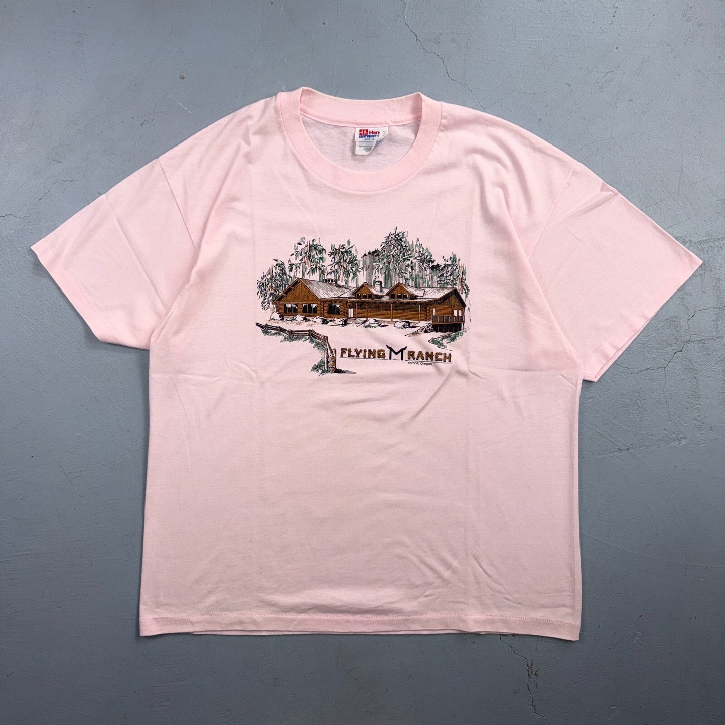 VTG 90s Flying M Ranch Yamhill Oregon T Shirt Pink Western Lodge Cabin Western