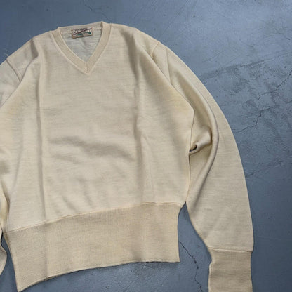 VTG 1940s 1950s Wool Pullover Sweater Rockabilly Mens V Neck Ivory Columbia Knit