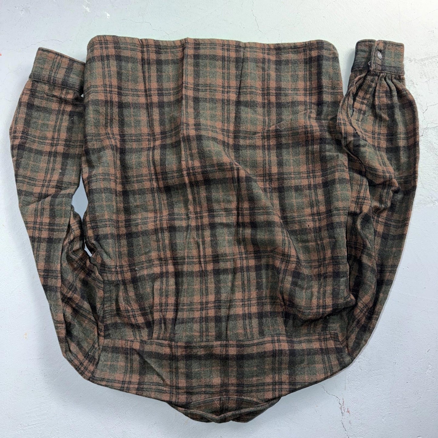 VTG 60s Penneys Shirt Brown Plaid Wool Button Loop Collar Rockabilly 1960s
