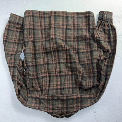 VTG 60s Penneys Shirt Brown Plaid Wool Button Loop Collar Rockabilly 1960s