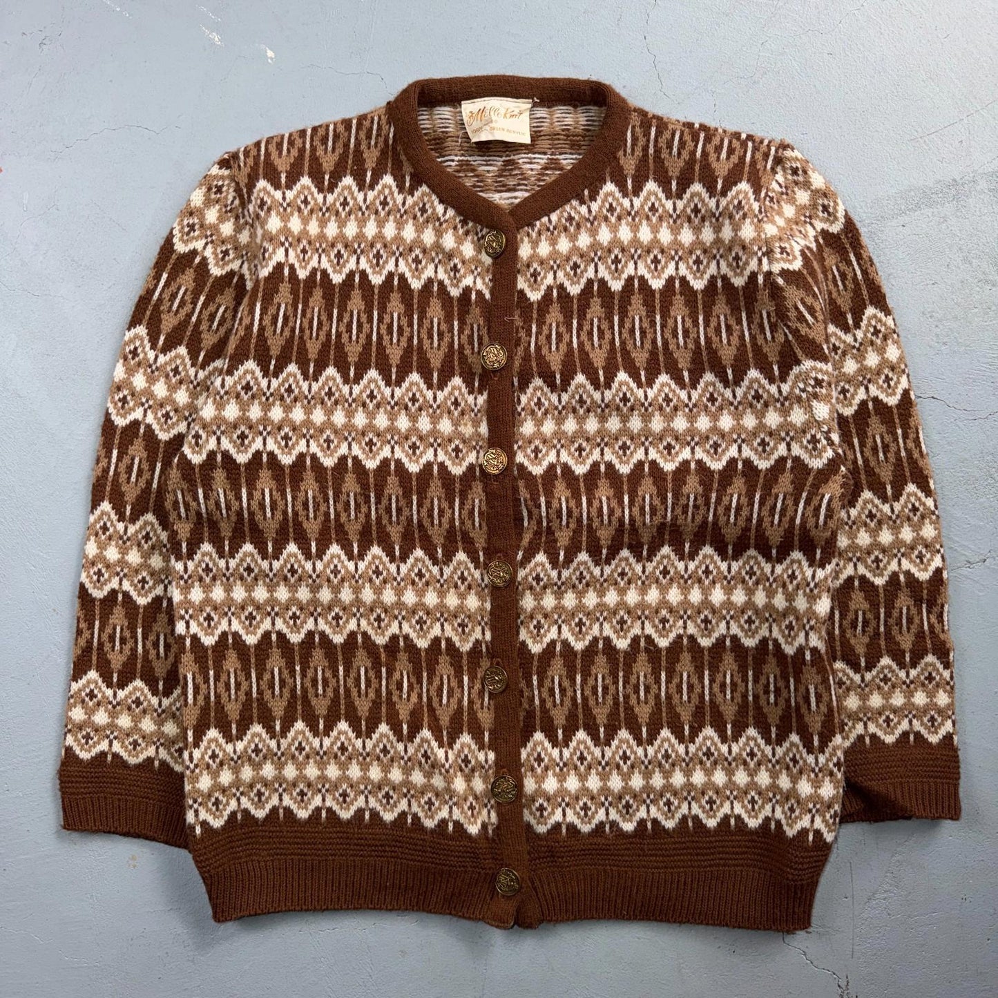 VTG 80s Mello Knit Acrylic Knitwear Womens Cardigan Orlon Brown Aztec Boho Chic